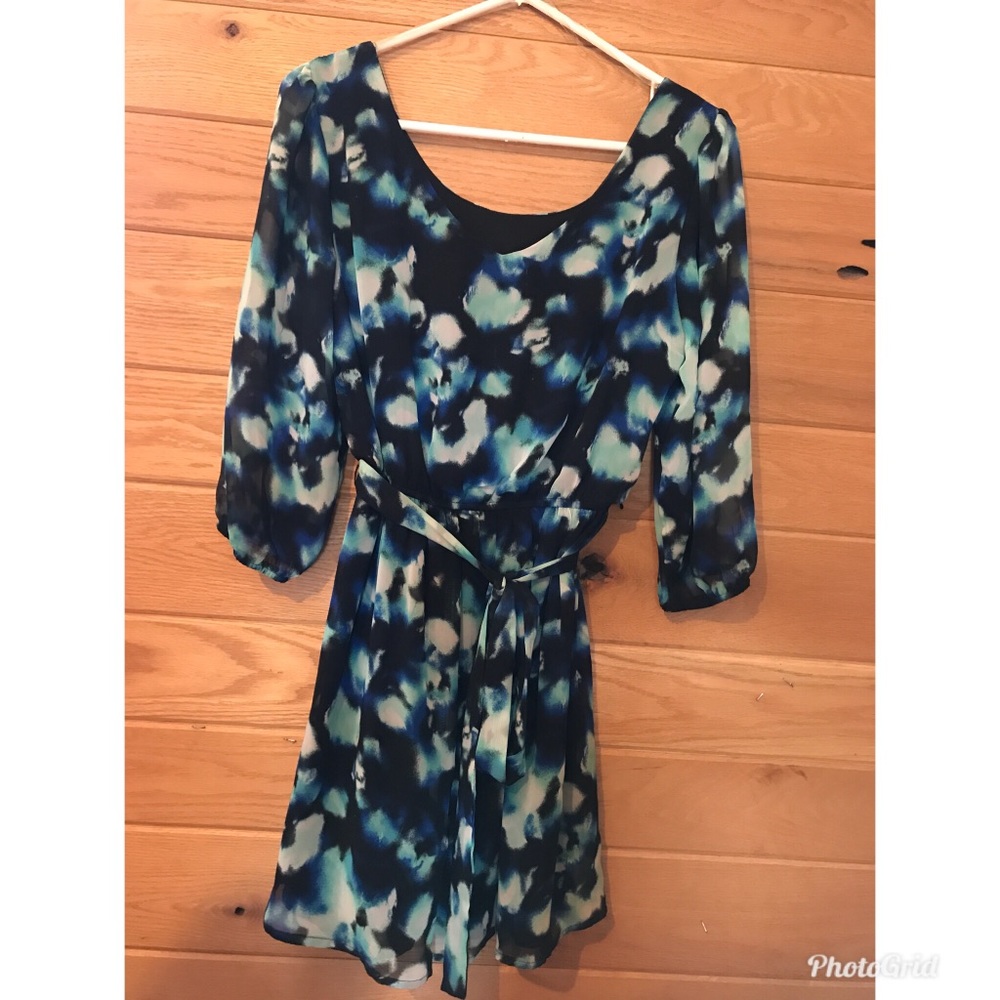 Blue Multi Colored 3/4 Sleeve Dress